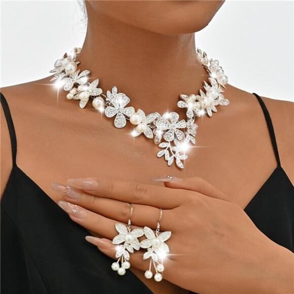 Crystal Flower Bridal Jewelry Set Rhinestone Necklace Earrings Sets Pearls - Picture 6 of 8